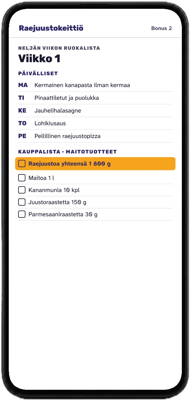 Viikon 1 päivälliset maanantaista perjantaihin ja kauppalista, jossa raejuuston määrä yhteensä