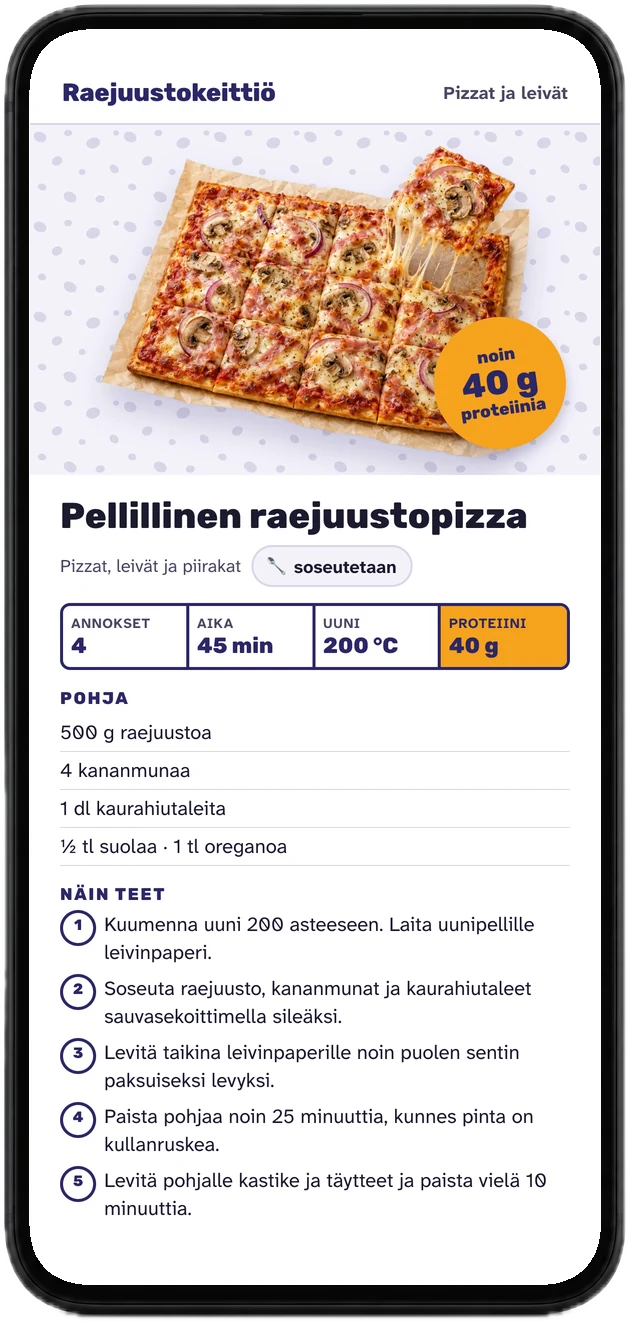 Pellillisen raejuustopizzan resepti puhelimessa: annokset, aika, uuni ja proteiini annosta kohden