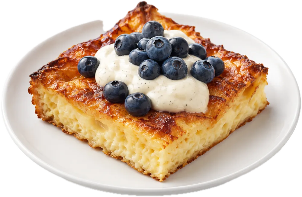 Pala uunipannukakkua, mustikoita ja vaniljarahkaa